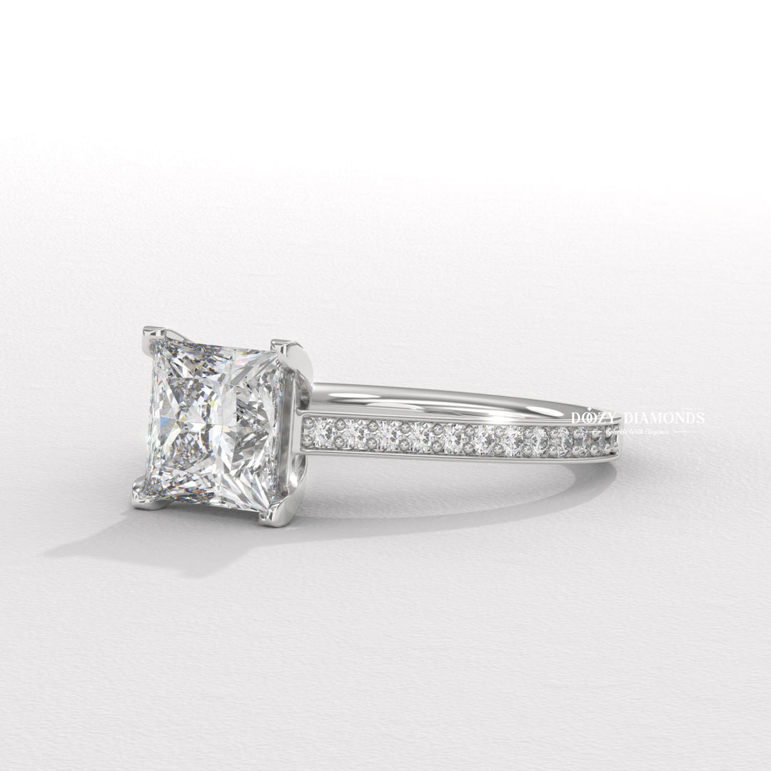 Side angle of princess solitaire diamond engagement ring