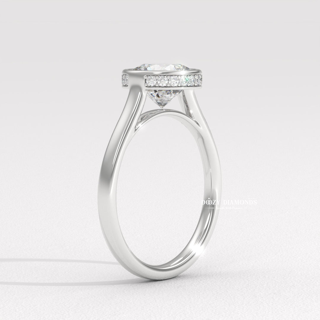 Unboxing view of round cut hidden halo diamond engagement ring