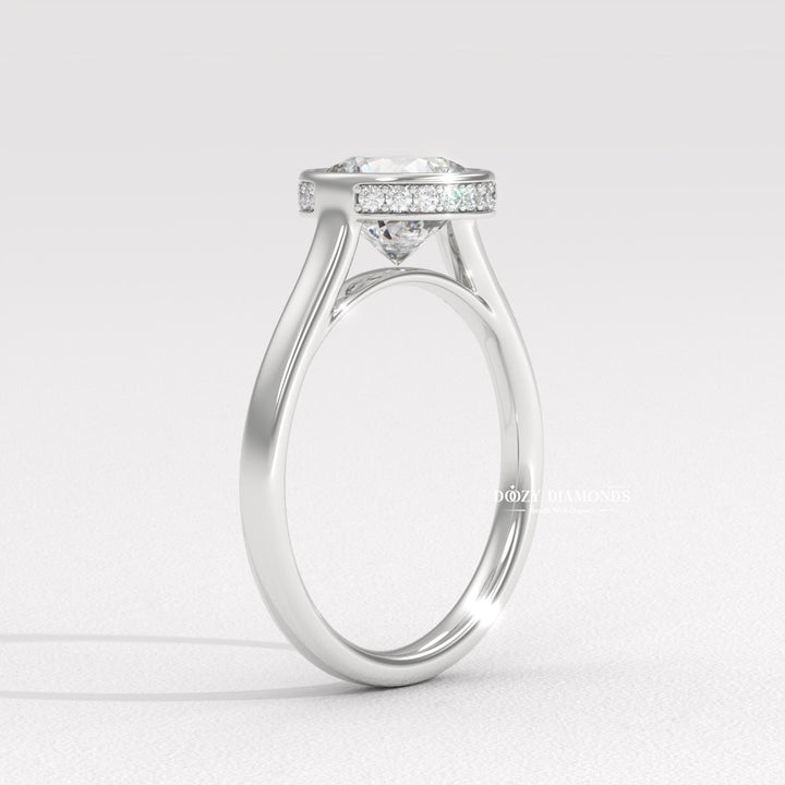 Unboxing view of round cut hidden halo diamond engagement ring