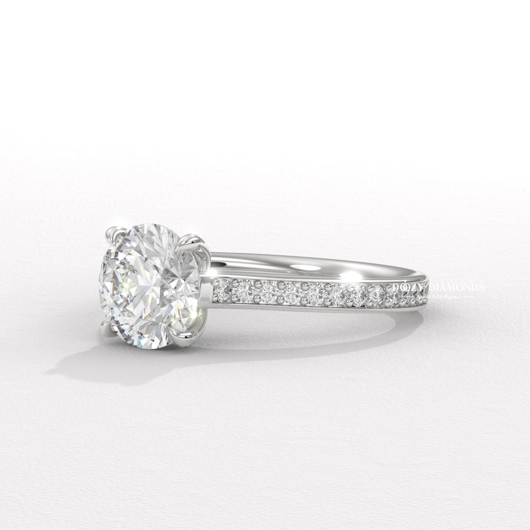 Round pave engagement ring close-up showing high clarity diamond clarity