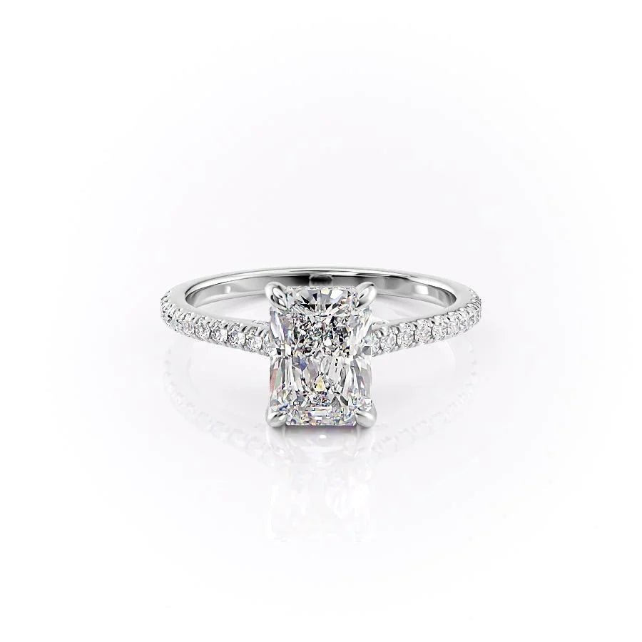 Radiant hidden halo engagement ring close-up highlighting diamond sparkle