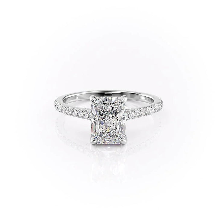 Radiant hidden halo engagement ring close-up highlighting diamond sparkle