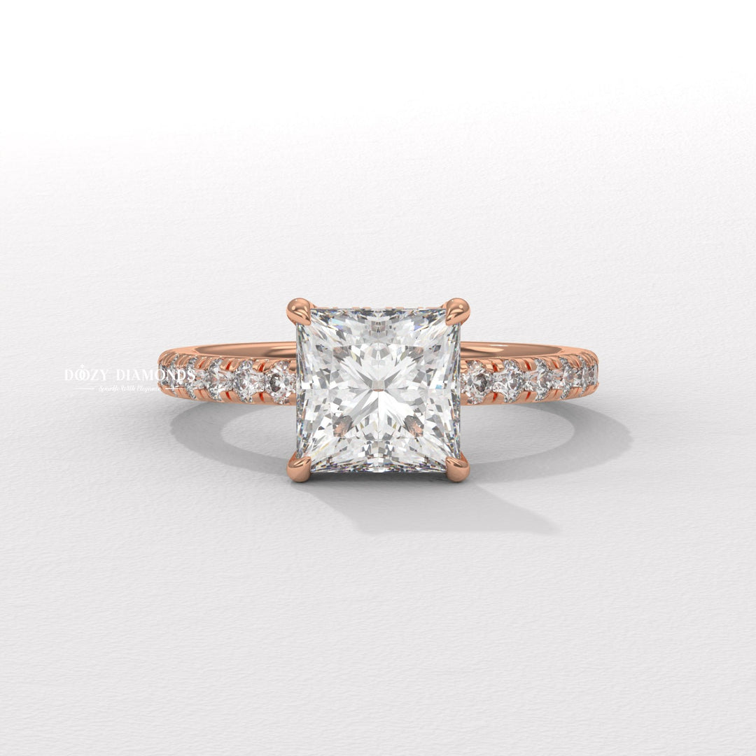 Princess hidden halo ring set with an IGI graded diamond