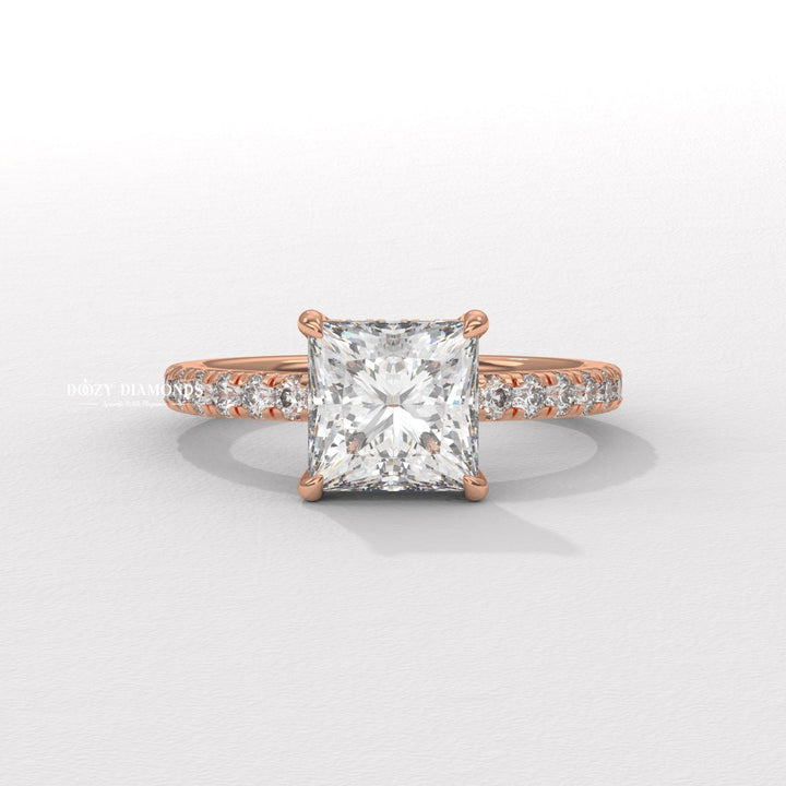 Princess hidden halo ring set with an IGI graded diamond