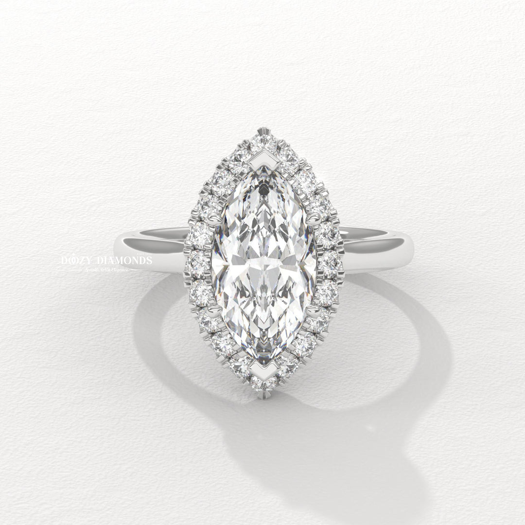 Side angle of marquise halo diamond engagement ring