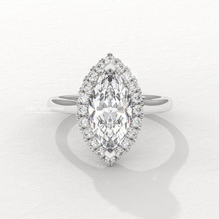 Side angle of marquise halo diamond engagement ring