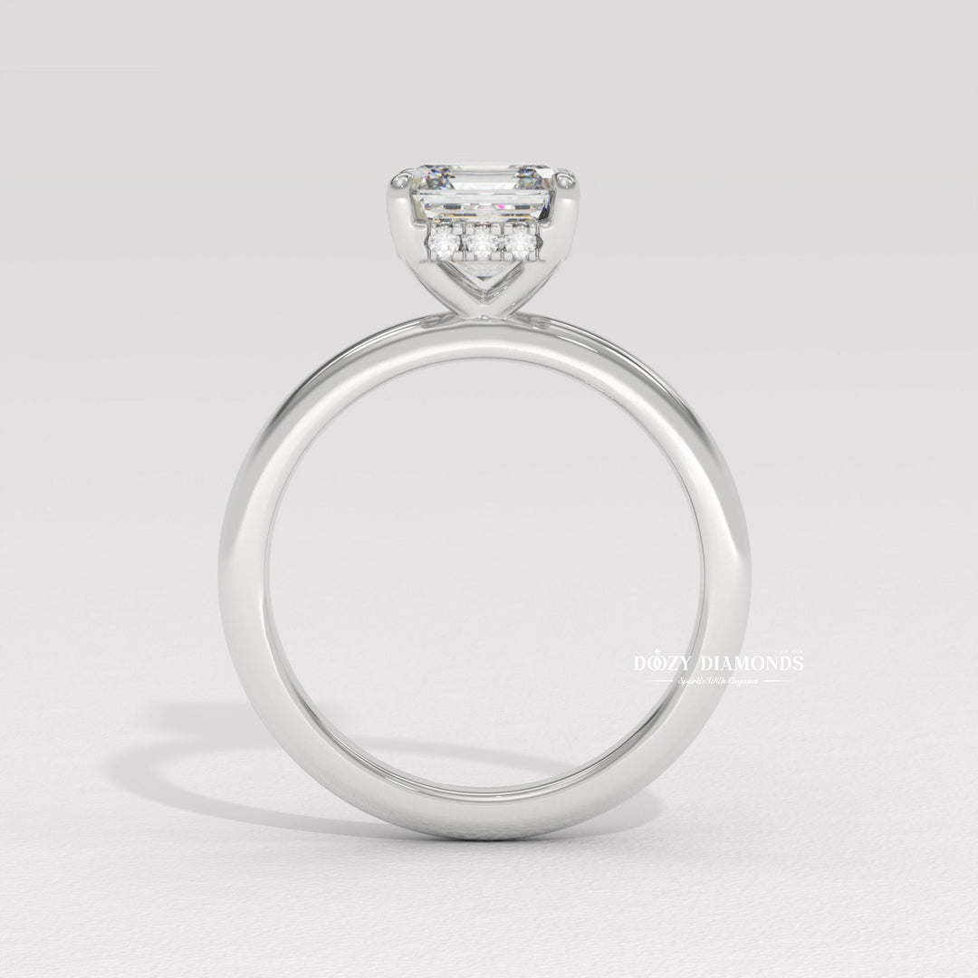 Detailed close-up of asscher solitaire diamond engagement ring