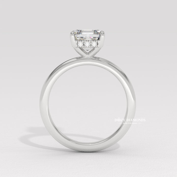 Detailed close-up of asscher solitaire diamond engagement ring