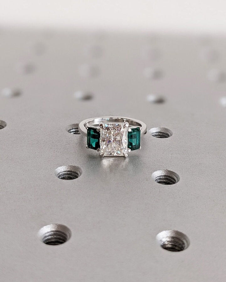 2.0CT radiant cut three stone engagement ring available to buy now