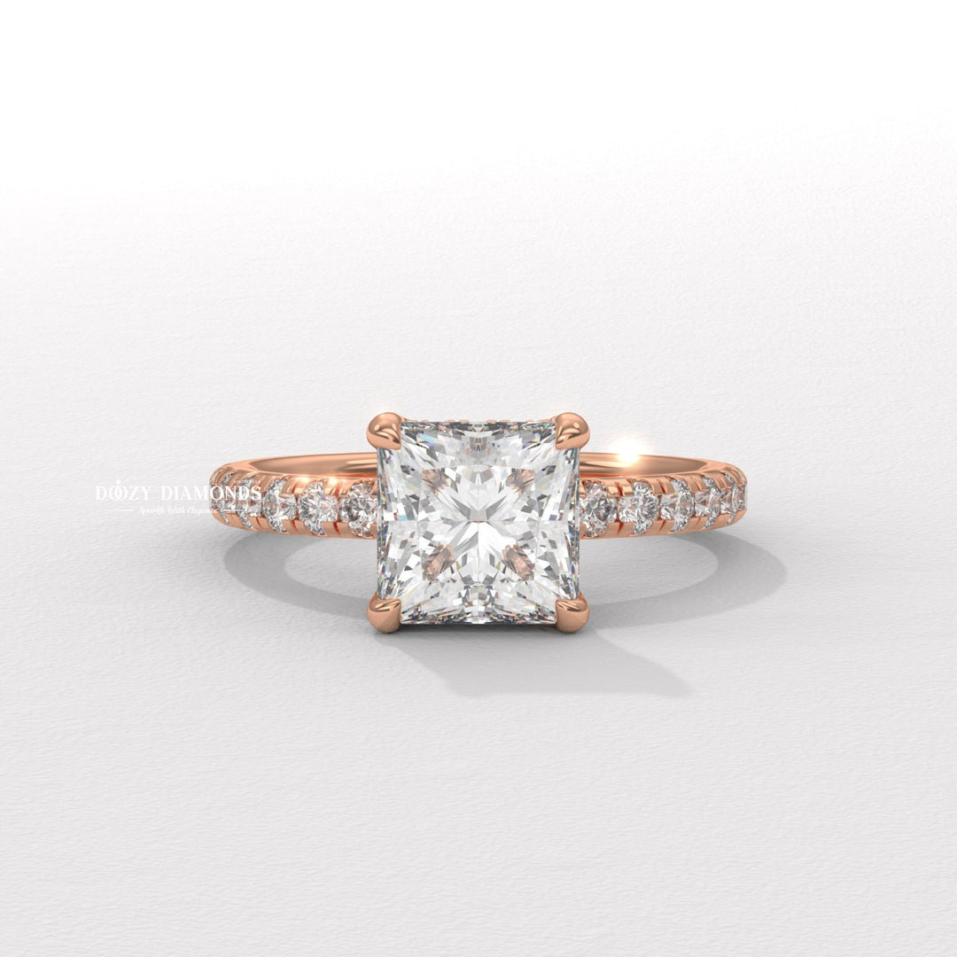 Princess hidden halo engagement ring close-up showing high clarity diamond clarity