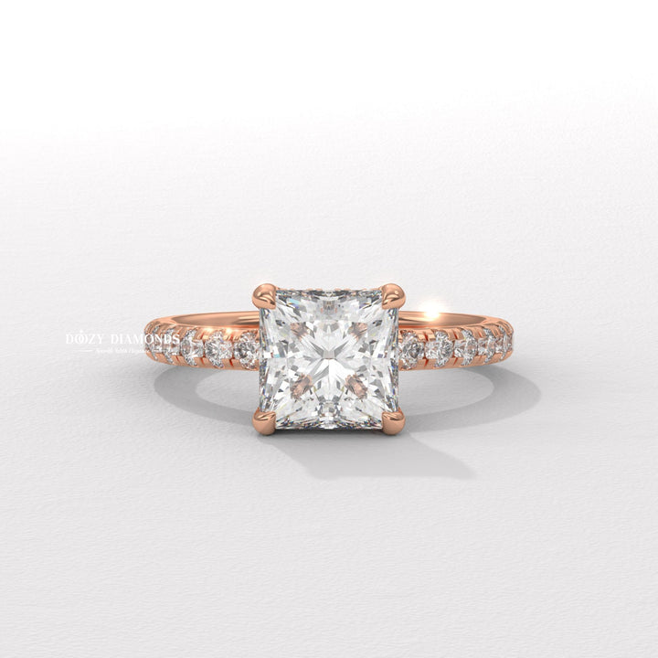 Princess hidden halo engagement ring close-up showing high clarity diamond clarity