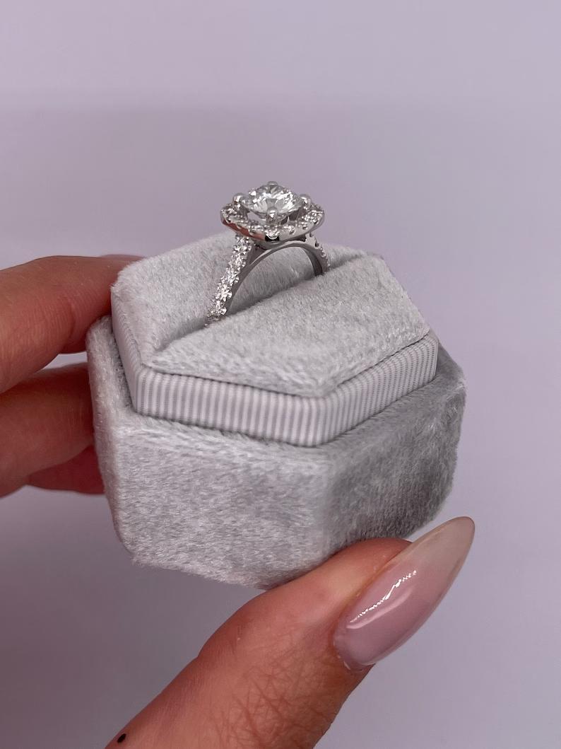 Round halo lab grown diamond ring in jewelry gift box