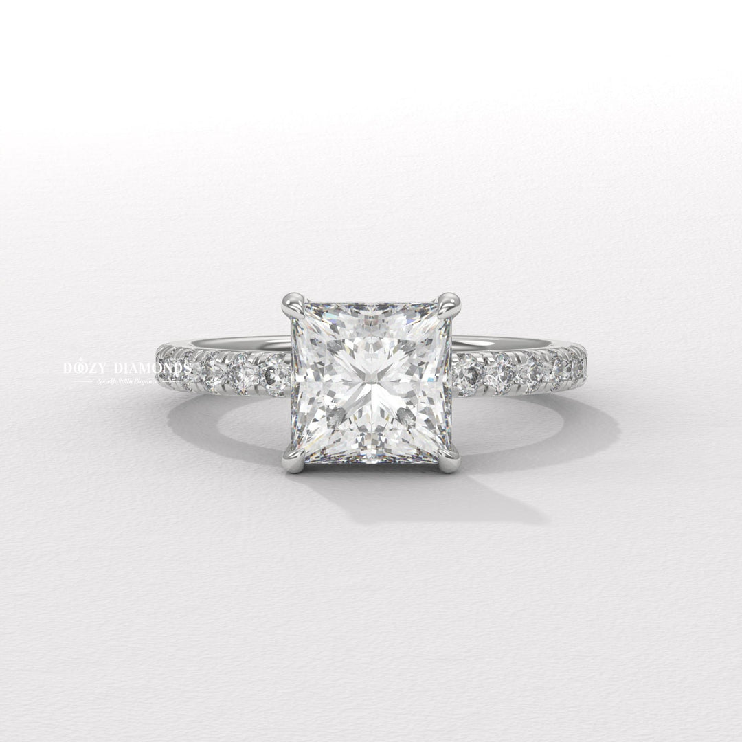 Princess cut hidden halo engagement ring with IGI certified center diamond
