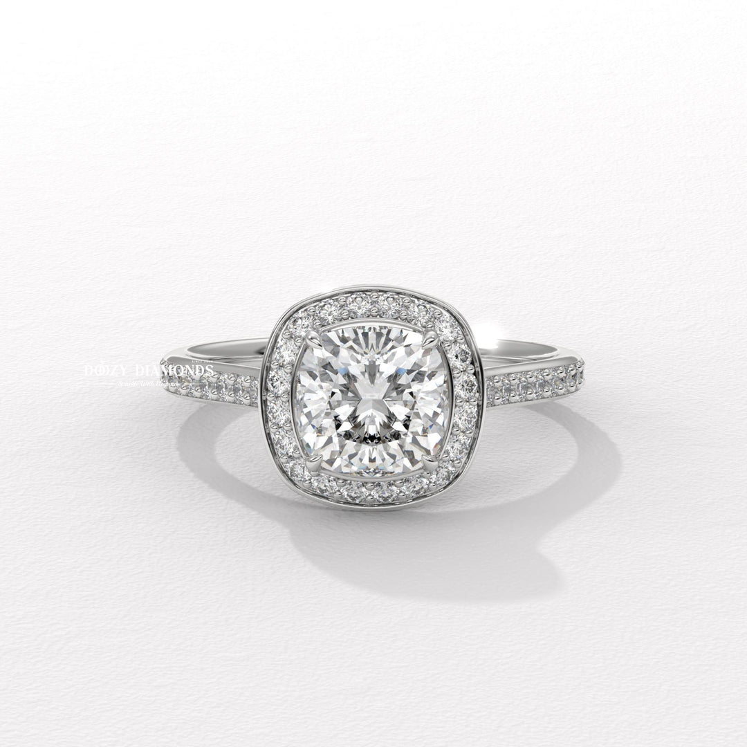 Cushion halo lab grown diamond ring side profile in gold setting