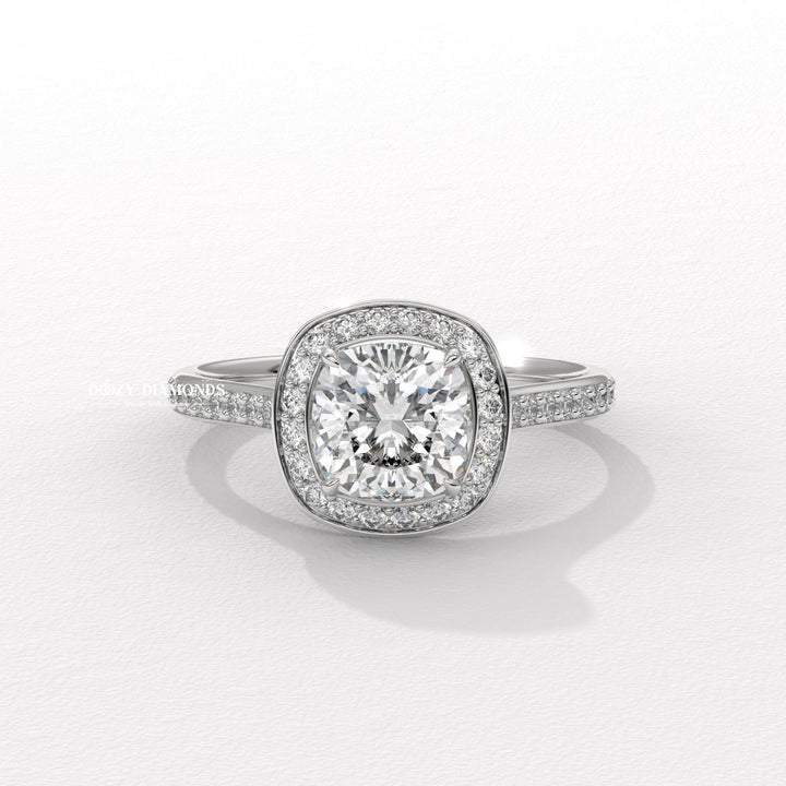 Cushion halo lab grown diamond ring side profile in gold setting