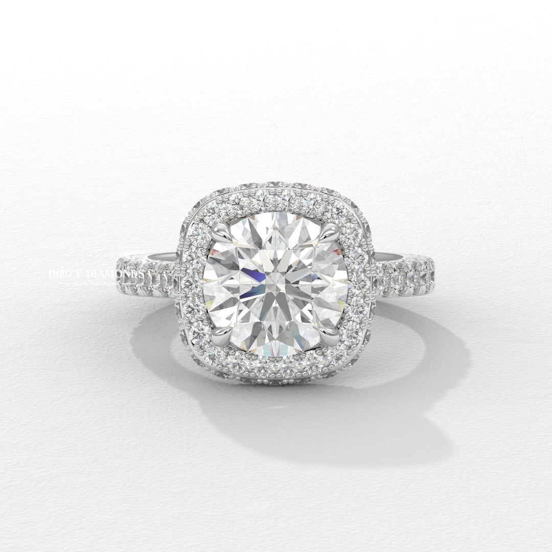 Round cut halo engagement ring with IGI certified center diamond