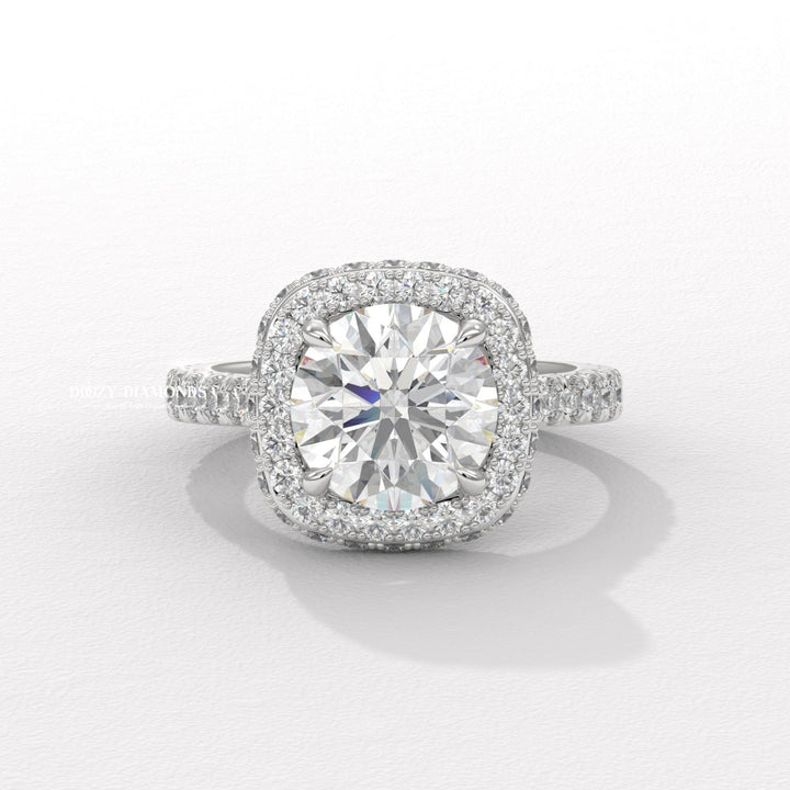 Round cut halo engagement ring with IGI certified center diamond
