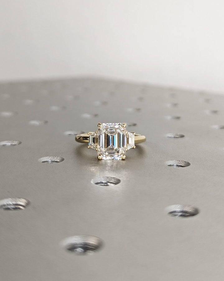 3.0CT emerald three stone lab grown diamond engagement ring for sale