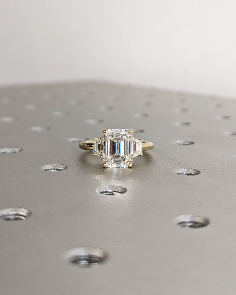 3.0CT emerald three stone lab grown diamond engagement ring for sale