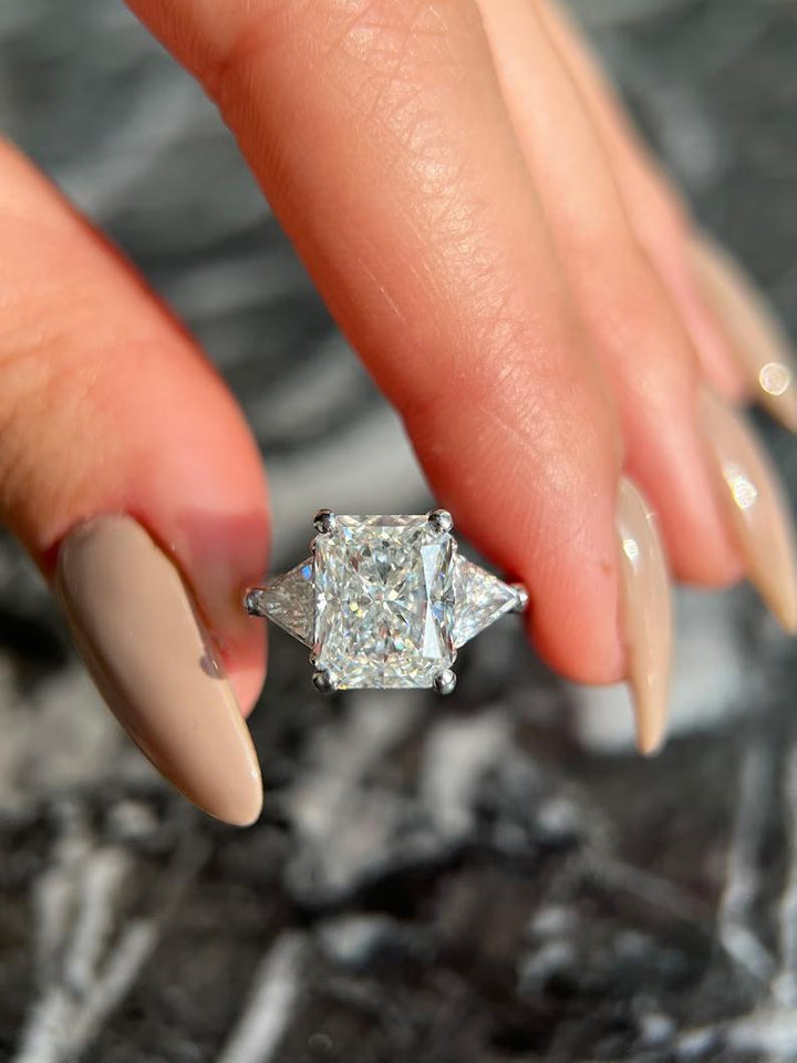 4.0CT radiant cut three stone engagement ring available to buy now