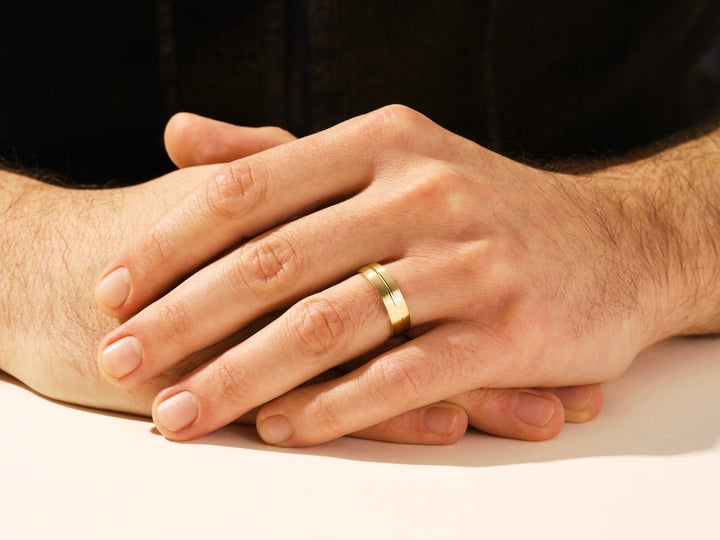 6.0mm Basic Carved Matte Brushed Men's Gold Wedding Band - Doozy Diamonds