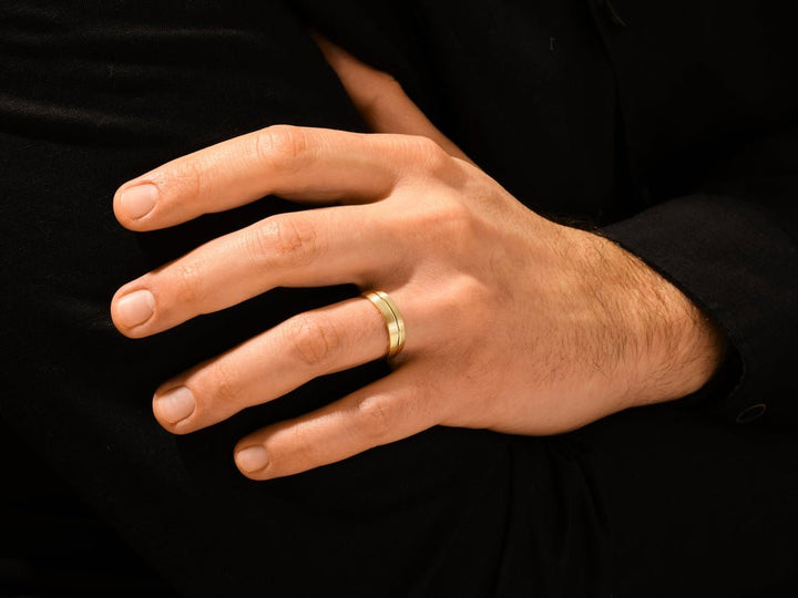 6.0mm Basic Carved Matte Brushed Men's Gold Wedding Band - Doozy Diamonds