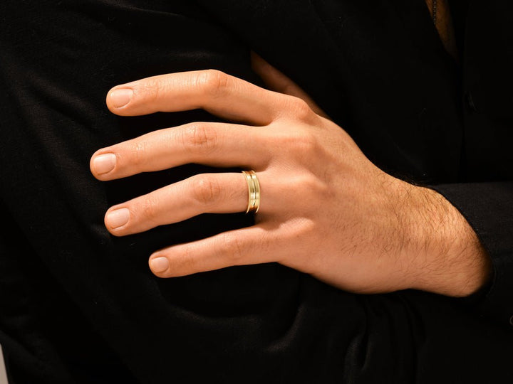6.0mm Mid - Beveled & Matte Brushed Milgrain Men's Gold Wedding Band - Doozy Diamonds