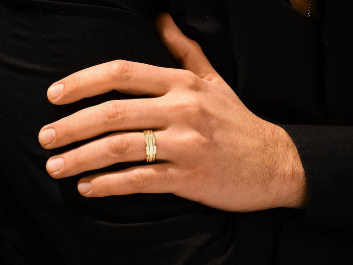 7.0mm Horizontal Thick Brushed & Double Grooved Men's Gold Wedding Band - Doozy Diamonds