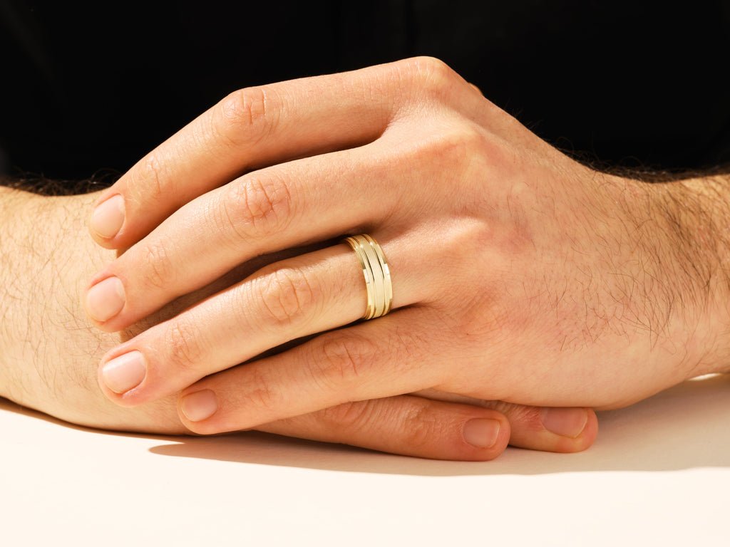 7.0mm Horizontal Thick Brushed & Double Grooved Men's Gold Wedding Band - Doozy Diamonds