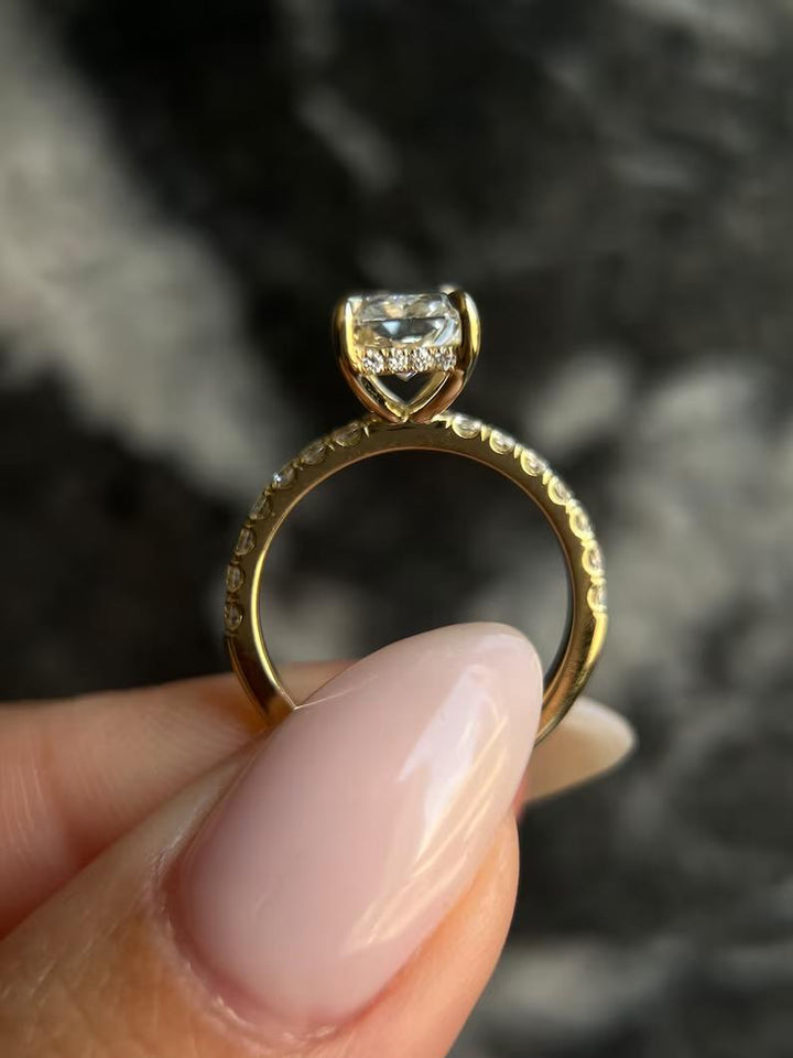 Radiant hidden halo engagement ring with certified lab grown diamond