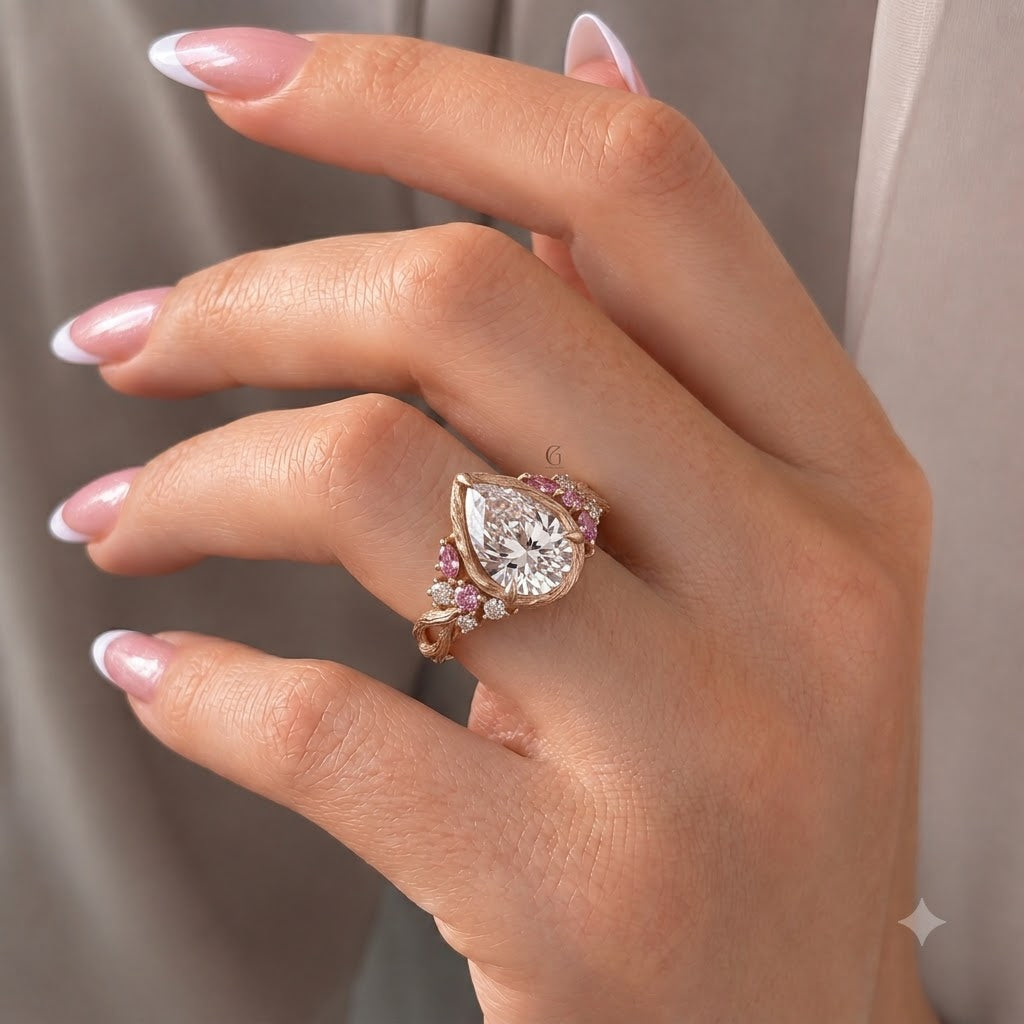 2.0CT Pear Lab Grown Diamond Pink Sapphire Accents Nature Inspired Engagement Rings