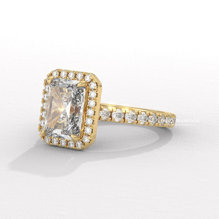 Radiant halo diamond ring presented in signature gift packaging