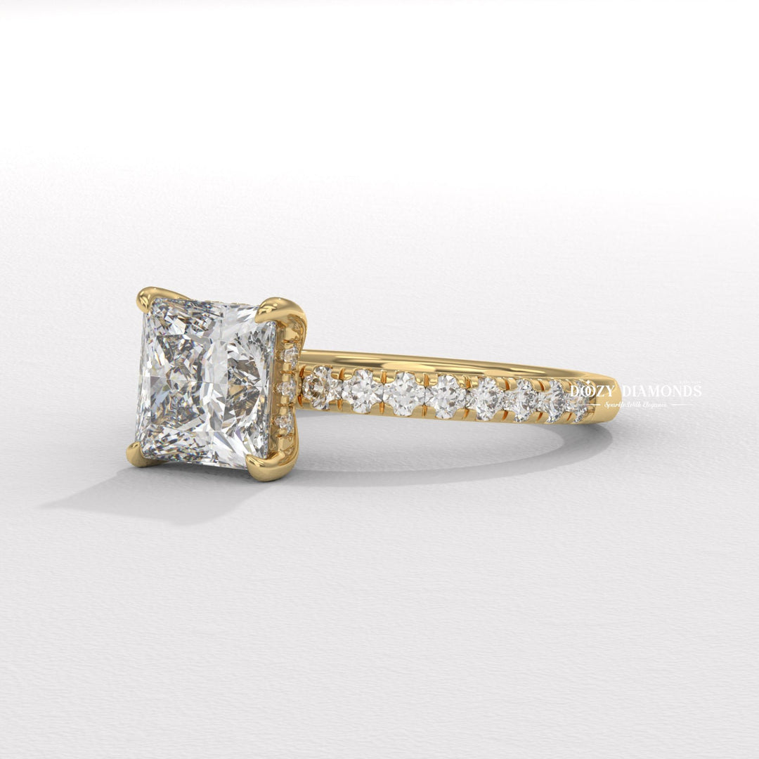 Lifestyle shot of princess hidden halo diamond ring on hand