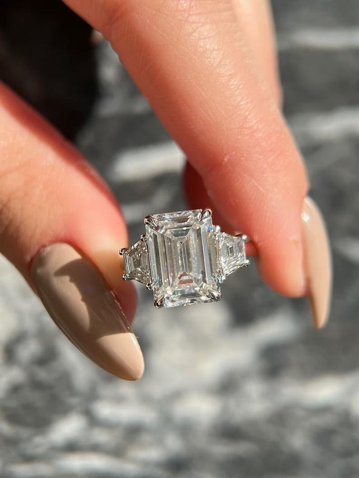 Shop emerald three stone lab grown diamond engagement ring