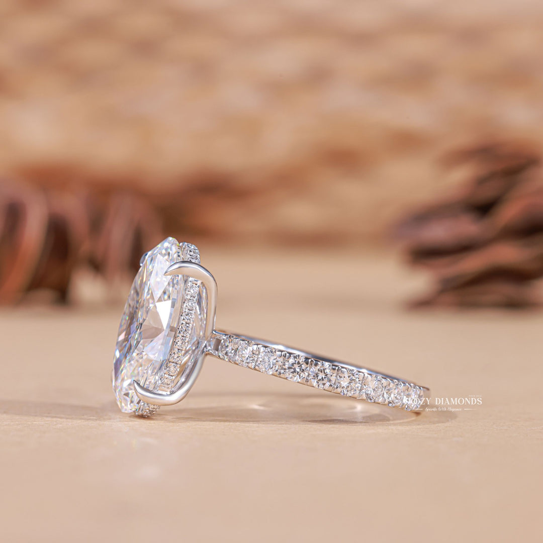 Oval hidden halo engagement ring with certified lab grown diamond