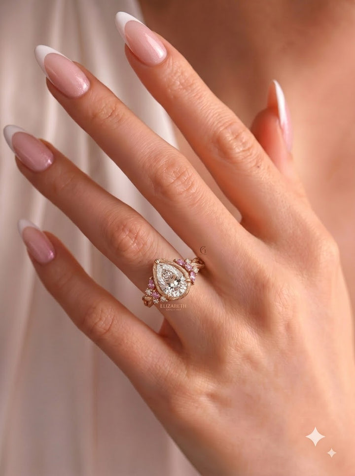 2.0CT Pear Lab Grown Diamond Pink Sapphire Accents Nature Inspired Engagement Rings