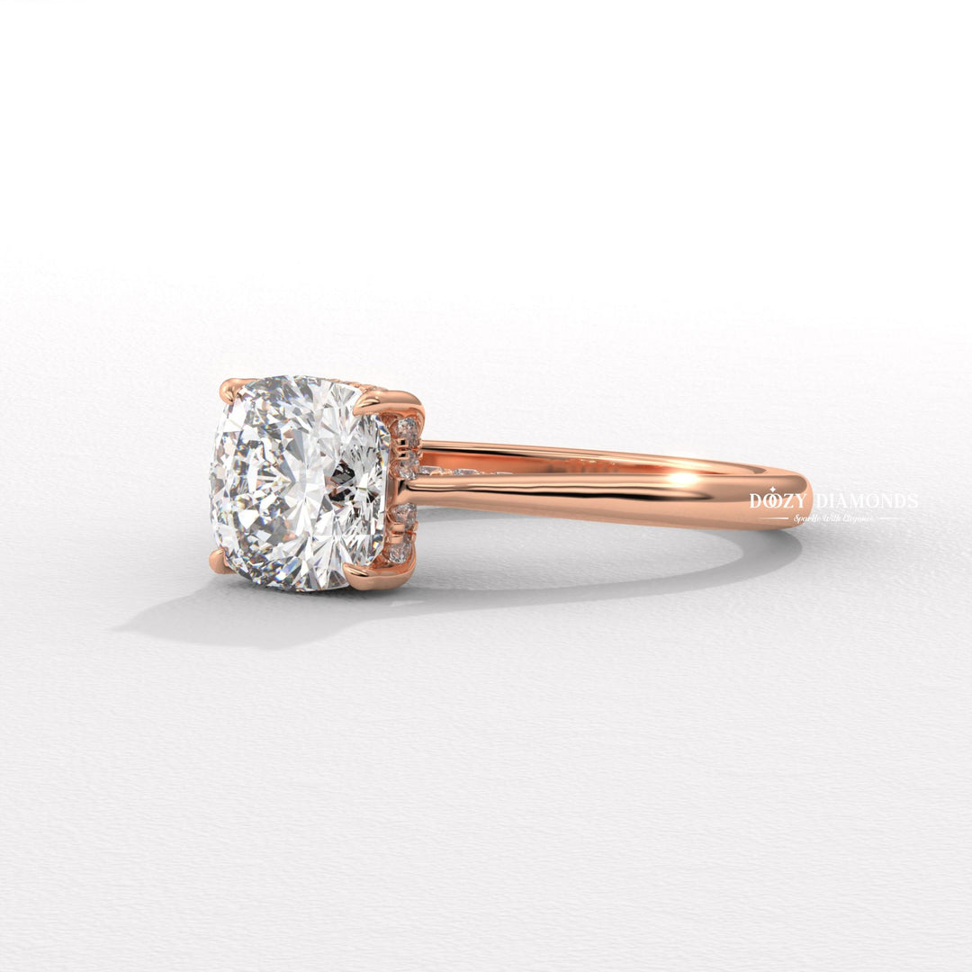 IGI certified cushion cut diamond in solitaire engagement ring setting