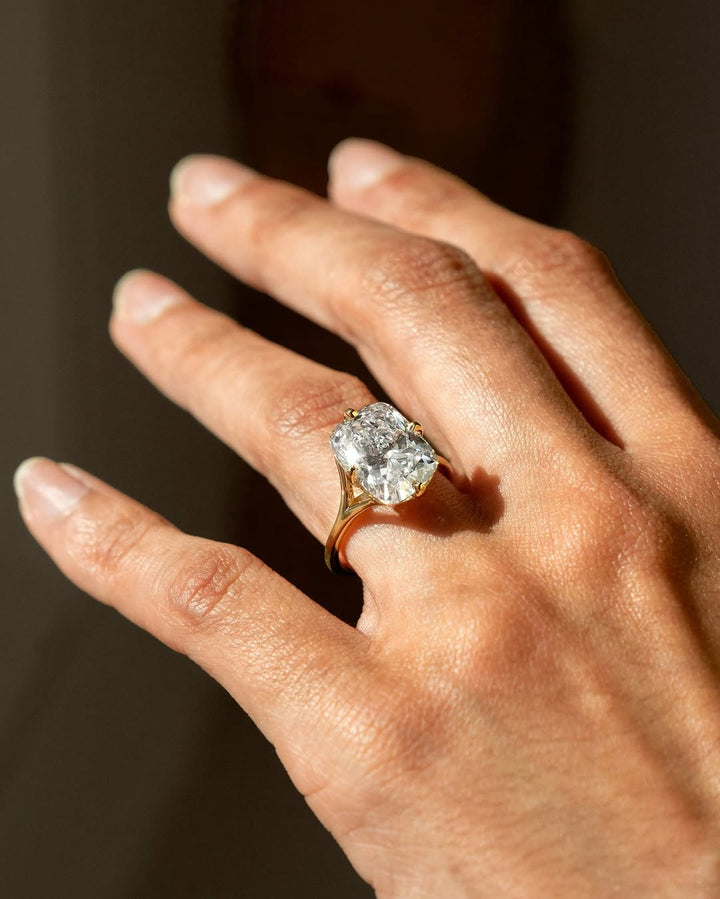 Cushion split shank engagement ring close-up highlighting diamond sparkle