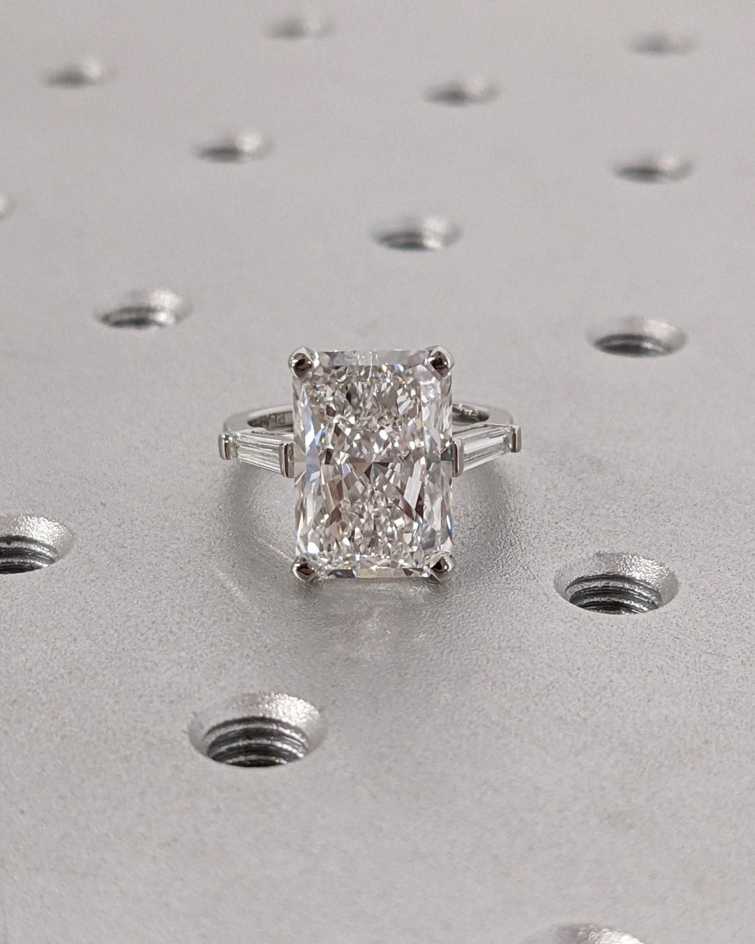 6.0CT radiant cut three stone engagement ring available to buy now