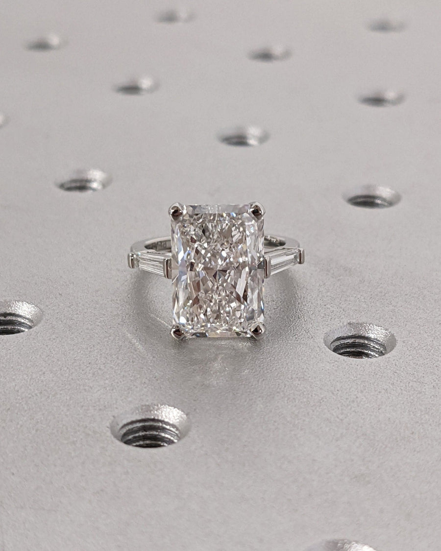 6.0CT radiant cut three stone engagement ring available to buy now