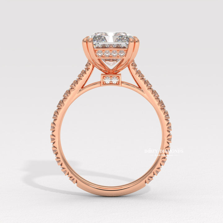 Radiant solitaire engagement ring viewed from the side