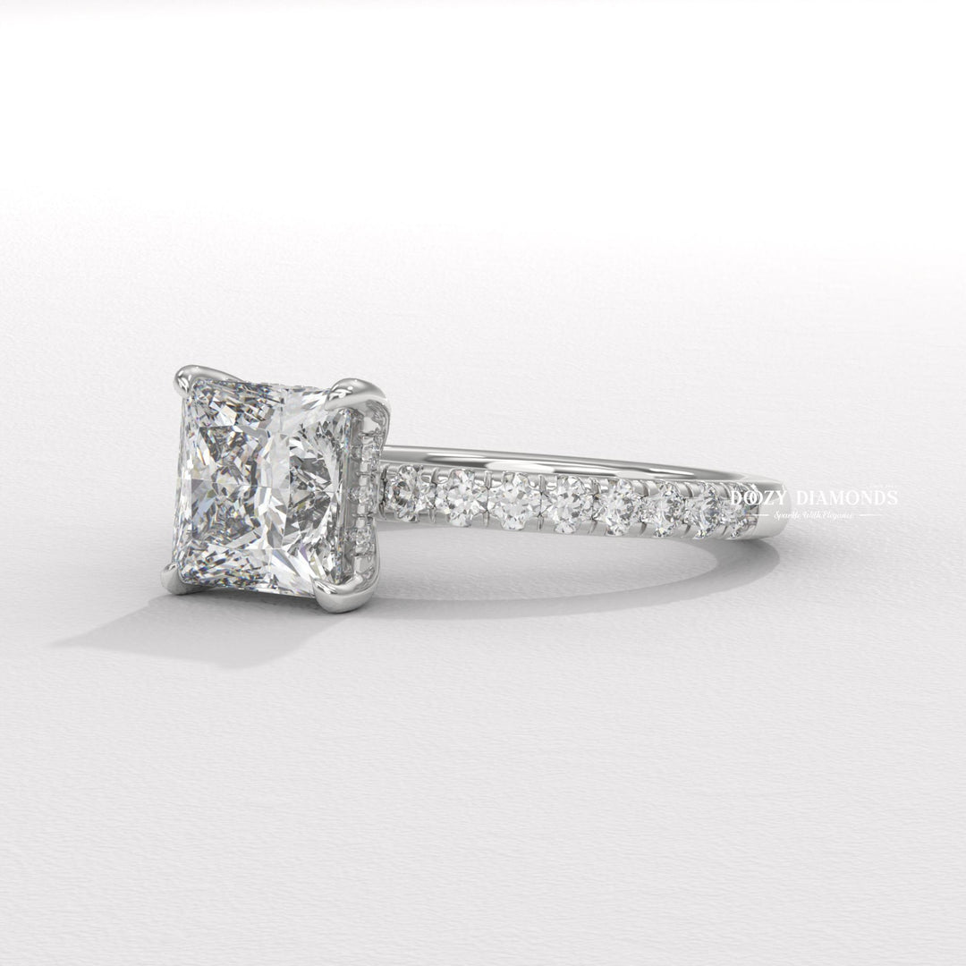 Certified princess cut diamond featured in hidden halo engagement ring