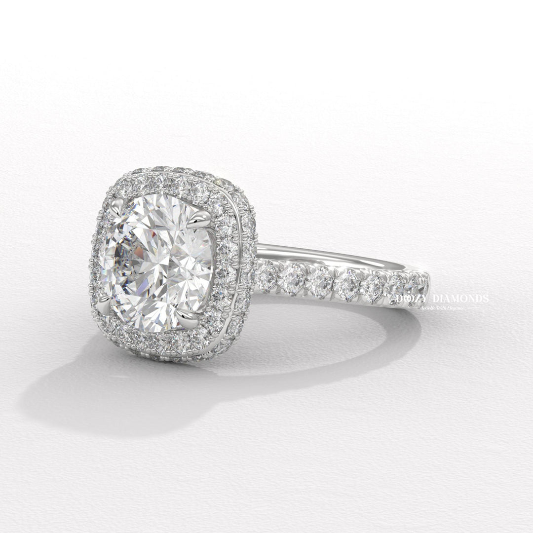 Certified round cut diamond featured in halo engagement ring