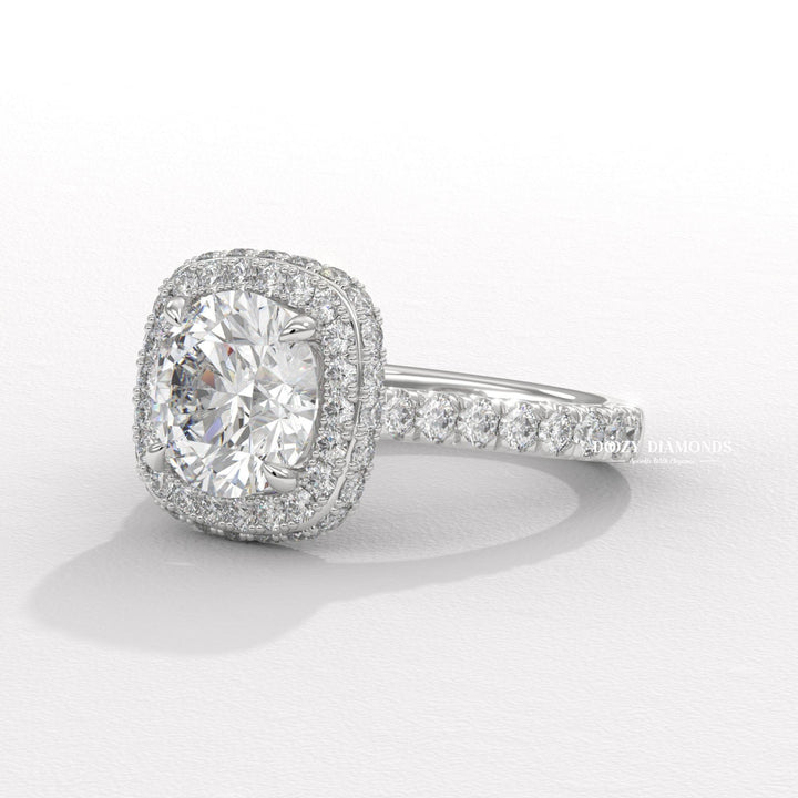 Certified round cut diamond featured in halo engagement ring