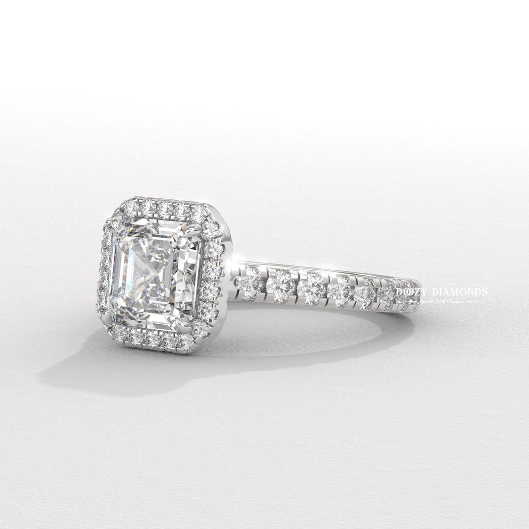 Asscher pave lab grown diamond ring in jewelry gift box