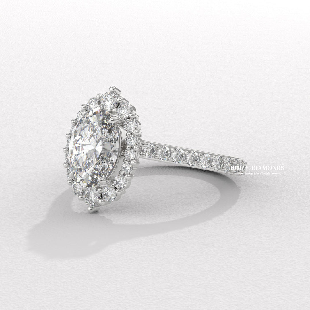 Oval halo engagement ring with certified lab grown diamond