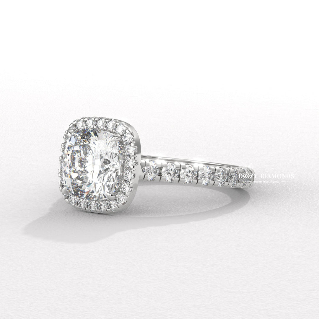 Cushion cut engagement ring side view showing band detail