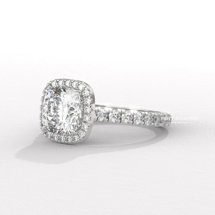 Cushion cut engagement ring side view showing band detail