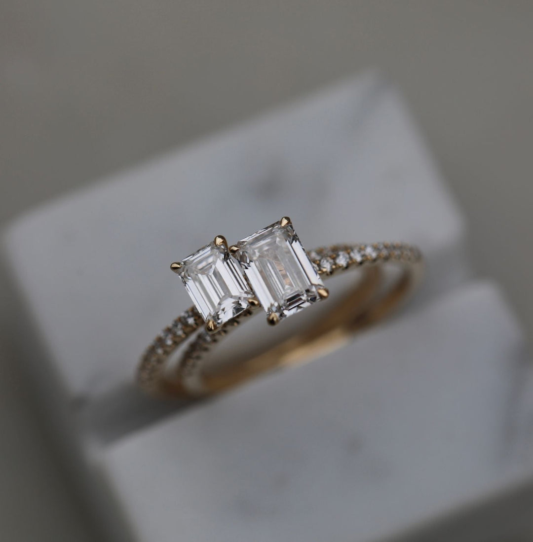 Emerald solitaire lab grown diamond ring in jewelry gift box