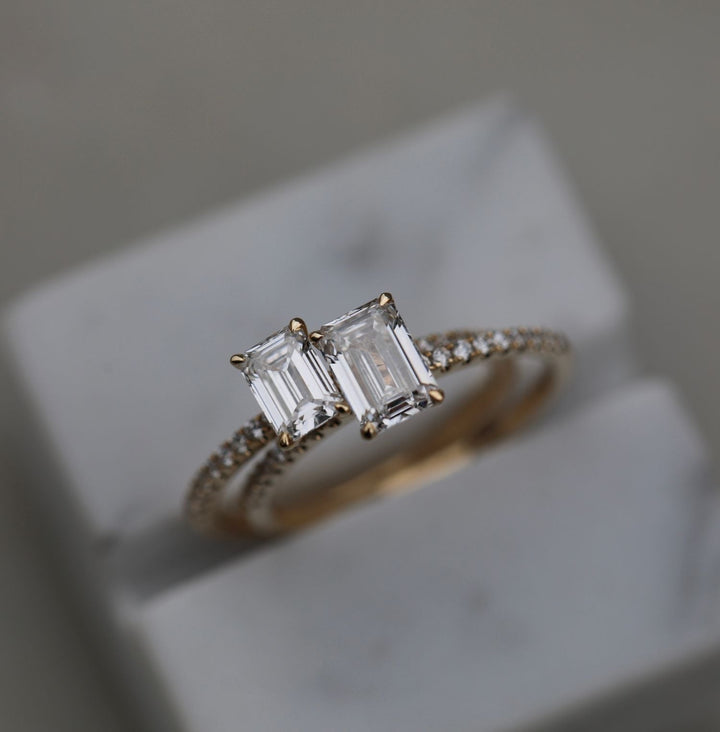 Emerald solitaire lab grown diamond ring in jewelry gift box